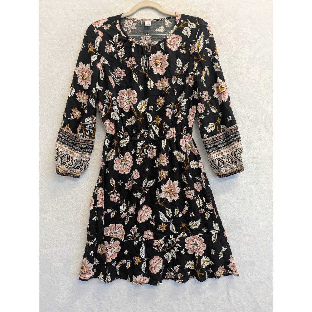 Old Navy XS Floral Print Dress Tie Neck Long‎ Sleeve Boho Chic Black